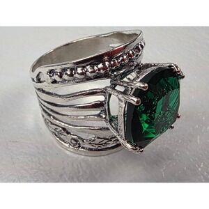 Jean Rachel 925 Sterling Silver Emerald Cushion Cubic Zirconia Ring Leaf Size 8
